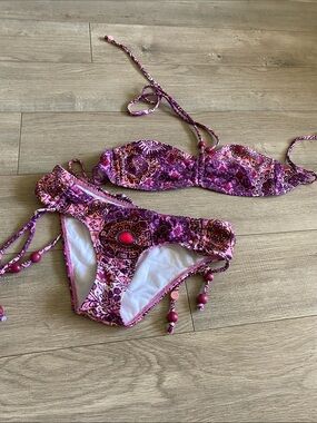 Pink Printed Bandeau Bikini Set with Tie Details
